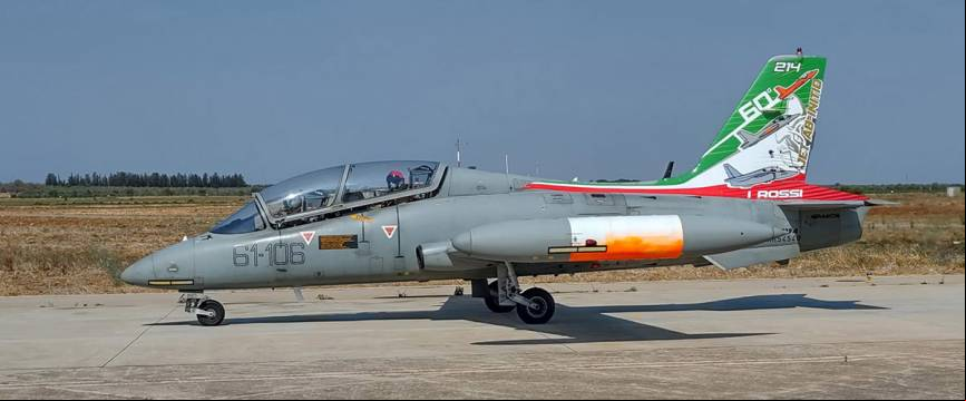 Uno de los MB-339 con colas especialmente decoradas, una pr